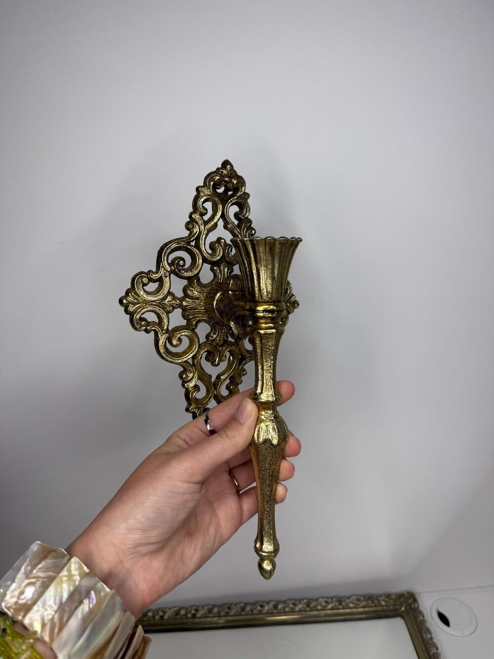 Ornate Brass Wall Sconce – Rococo / Hollywood Regency Style Scrollwork – Single